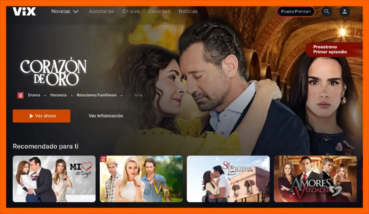 Interfaz de la aplicación ViX mostrando catálogo de telenovelas mexicanas